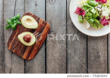 Healthy eating concept flat lay. Mediterranean diet, food on wooden background 75863043