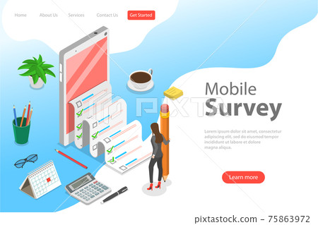 Flat isometric vector landing page template of mobile survey, customer review. Flat isometric vector landing page template of mobile survey, customer review. 75863972