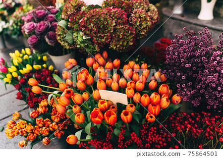 Different flowers in a shop show window with blank price tags 75864501