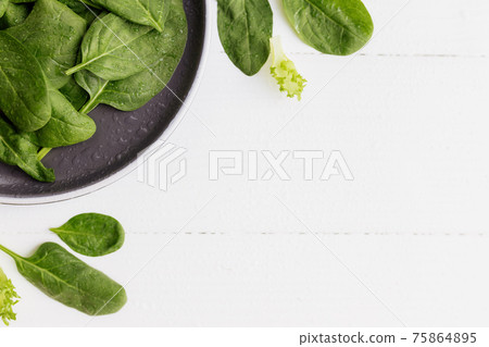 Bowl with fresh green salad leaves, spinach, lettuce, basil on white background Bowl with fresh green salad leaves, spinach, lettuce, basil on white background 75864895