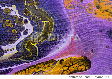 Acrylic Fluid Art. Purple waves and swirls. Liquid Gold Wave on canvas. Digital decor. Abstract stone background or texture 75864954