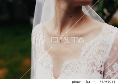 Gold pendant around neck of bride in a white dress with veil. Blurred background 75865044