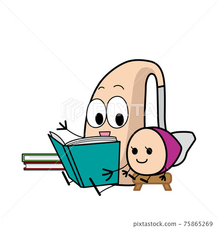 Illustration of a hearing aid character reading Illustration of a hearing aid character reading 75865269