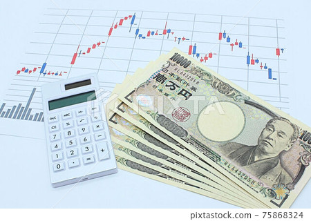 [Thumbnails of articles on stocks, exchanges, investments, Nikkei 225, etc.] Nikkei 225 chart, 6 10,000 yen bills and calculator 75868324