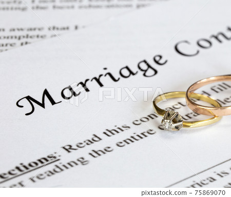 Marriage contract with two golden wedding rings and gold pen, prenuptial agreement, macro close up, sign with signanture,document,agreement concept Marriage contract with two golden wedding rings and gold pen, prenuptial agreement, macro close up, sign with signanture,document,agreement concept 75869070