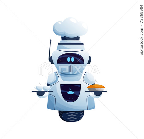 Single wheel robot cooker in chef cap with food Single wheel robot cooker in chef cap with food 75869984