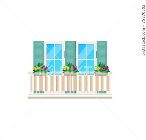 Balcony window and fence railing, house facade Balcony window and fence railing, house facade 75870502