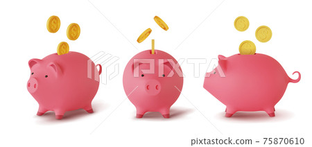 Set 3d realistic moneybox in the form of a pig and coins falling, isolated on white background, vector illustration Set 3d realistic moneybox in the form of a pig and coins falling, isolated on white background, vector illustration 75870610