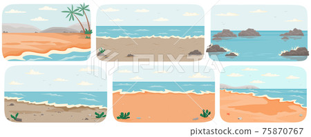 Set of illustrations with sea landcapes. Coastline with ocean and waves vector illustration Set of illustrations with sea landcapes. Coastline with ocean and waves vector illustration 75870767