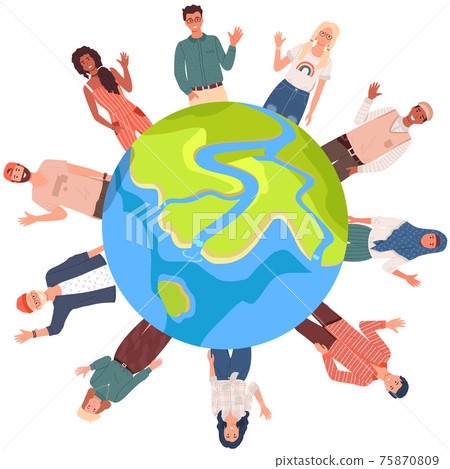People in national clothes stand around planet earth. Multicultural characters show greeting gesture People in national clothes stand around planet earth. Multicultural characters show greeting gesture 75870809