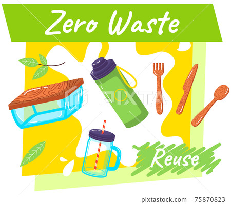 Go to zero waste. Lunchbox and cutlery. Plastic and glass bottles. Reusable natural ecology items 75870823
