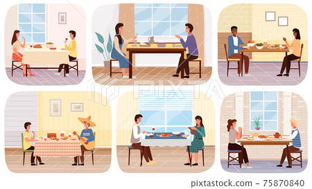 Set of illustrations about people in national costumes eat traditional food and drinks in restaurant Set of illustrations about people in national costumes eat traditional food and drinks in restaurant 75870840