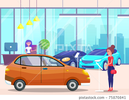 Car center, woman customer buyer choosing automobile in store. Female character examines transport Car center, woman customer buyer choosing automobile in store. Female character examines transport 75870841