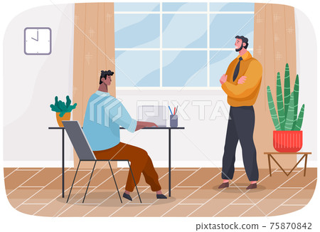 Business characters working in office workplace. Meeting teamwork, collaboration and discussion Business characters working in office workplace. Meeting teamwork, collaboration and discussion 75870842