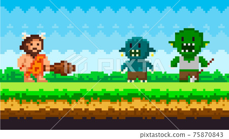 Brave caveman with baton fighting against monsters. Zombie attacks human, apocalypse pixel scene Brave caveman with baton fighting against monsters. Zombie attacks human, apocalypse pixel scene 75870843