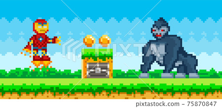 Flying iron man near huge wild animal, gorilla. Pixelated cartoon robot is fighting monkey Flying iron man near huge wild animal, gorilla. Pixelated cartoon robot is fighting monkey 75870847