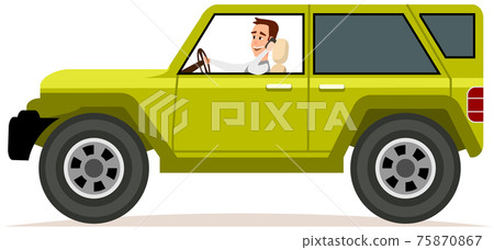 Bearded guy is driving vehicle and using his smartphone. Crossover, SUV, cross country car, jeep Bearded guy is driving vehicle and using his smartphone. Crossover, SUV, cross country car, jeep 75870867