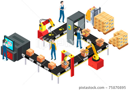 Man puts parcels in cardboard boxes. Conveyor with gears, spare parts passing through metal detector 75870895