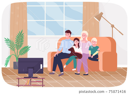 Happy parents and children are communicating and watching television at couch in living room Happy parents and children are communicating and watching television at couch in living room 75871416