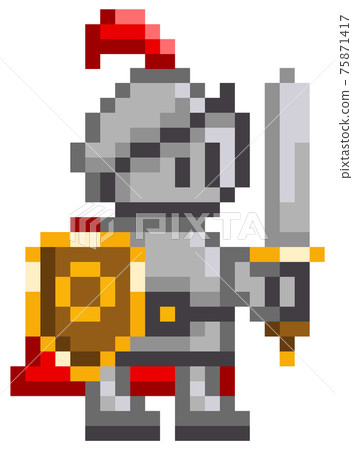 Vector pixel-game character. Illustration of pixelated man with shield and sword on white background Vector pixel-game character. Illustration of pixelated man with shield and sword on white background 75871417