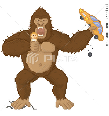 King kong in pixel game layout design. Gorilla attacks humanity, holds girl and car in his hands 75871441