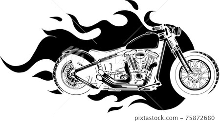 black silhouette of burning motorcycle on fire exploding sparks 75872680