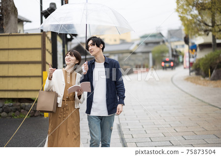 A young couple sightseeing in Kannawa Onsen in Beppu 75873504