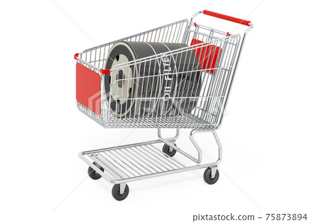 Shopping cart with car oil filter, 3D rendering 75873894