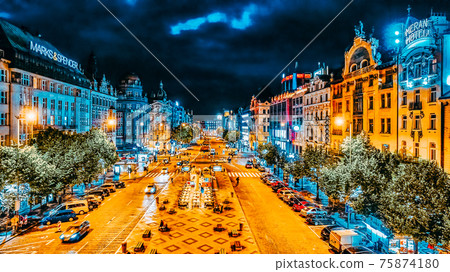 PRAGUE,CZECH REPUBLIC- SEPTEMBER 06, 2015: Wenceslas Square in Prague at night, dusk time,top view.Square is located in the center of Prague. PRAGUE,CZECH REPUBLIC- SEPTEMBER 06, 2015: Wenceslas Square in Prague at night, dusk time,top view.Square is located in the center of Prague. 75874180