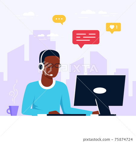 Man with laptop and headphones with microphone Man with laptop and headphones with microphone 75874724