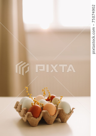 fresh chicken eggs of natural shades and colors in a recycled box on a white background 75874902