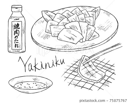 Black and white handwritten illustration image of yakiniku and sauce 75875767