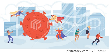 Flat cartoon superhero characters fight coronavirus,covid prevention vector illustration concept Flat cartoon superhero characters fight coronavirus,covid prevention vector illustration concept 75877483