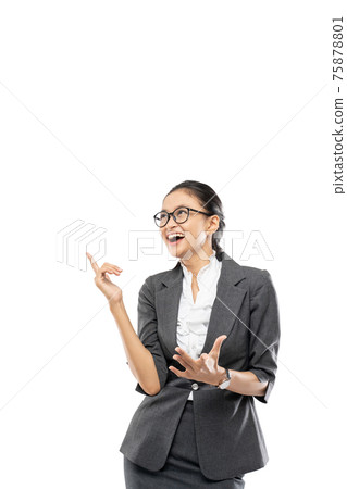 Asian beautiful business woman pointing something happy expression Asian beautiful business woman pointing something happy expression 75878801