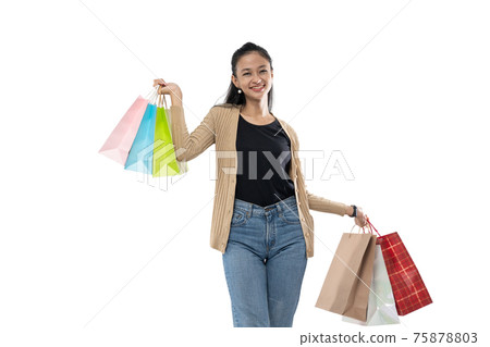 beautiful happy young asian woman holding shopping bags beautiful happy young asian woman holding shopping bags 75878803