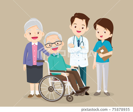 team doctor and elderly couple sitting on wheelchair team doctor and elderly couple sitting on wheelchair 75878935
