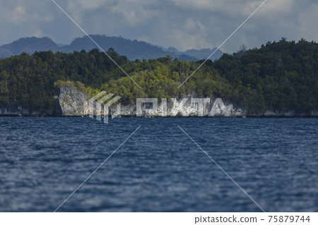 Small tropical island, worn by sea water, covered with lush vegetation, off the beautiful and heavenly shores of Gam Island in Raja Ampat, West Papua, Indonesia. Small tropical island, worn by sea water, covered with lush vegetation, off the beautiful and heavenly shores of Gam Island in Raja Ampat, West Papua, Indonesia. 75879744