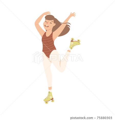 Cheerful Woman Character Dancing on Roller Skates Vector Illustration. Cheerful Woman Character Dancing on Roller Skates Vector Illustration. 75880303