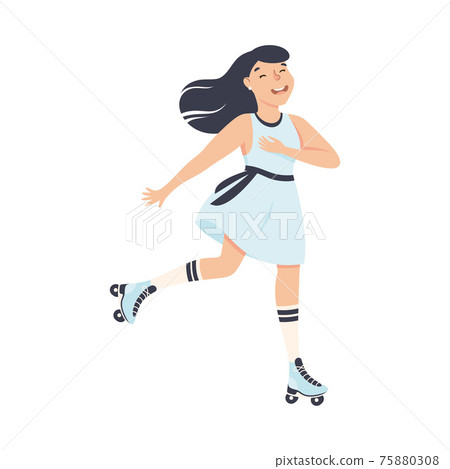 Cheerful Woman Character Dancing on Roller Skates Vector Illustration. 75880308