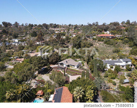 Aerial view of Rancho Santa Fe neighborhood with big mansions in San Diego, California, USA. 75880853