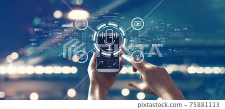 Podcast theme with person using smartphone Podcast theme with person using smartphone 75881113