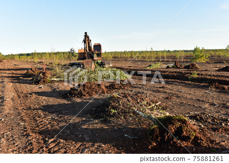 Excavator digging drainage ditch in peat extraction site. Excavator digging drainage ditch in peat extraction site. 75881261
