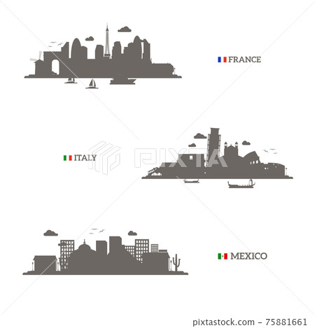 France, Italy and Mexico skyline silhouettes 75881661