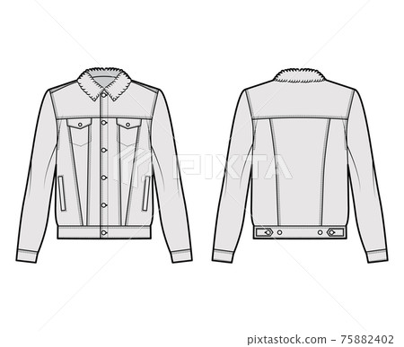 Sherpa lined denim jacket technical fashion illustration with oversized body, flap pockets, button closure, long sleeves Sherpa lined denim jacket technical fashion illustration with oversized body, flap pockets, button closure, long sleeves 75882402
