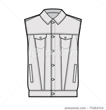 Standard denim vest technical fashion illustration with flap welt pockets, button closure, classic collar, sleeveless Standard denim vest technical fashion illustration with flap welt pockets, button closure, classic collar, sleeveless 75882410
