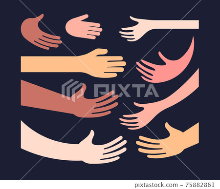 Hand and palm different color skin icon set handshake greetings hugs. Humans hands and arms of different nationalities, races, ethnos. Vector illustration 75882861