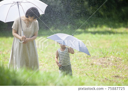 Parents and children walking with an umbrella on a rainy day Parents and children walking with an umbrella on a rainy day 75887725