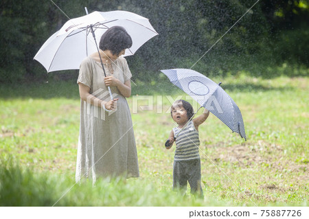 Parents and children walking with an umbrella on a rainy day Parents and children walking with an umbrella on a rainy day 75887726