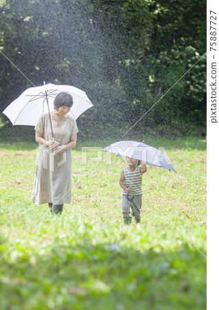 Parents and children walking with an umbrella on a rainy day Parents and children walking with an umbrella on a rainy day 75887727