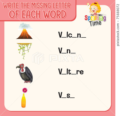 Write the missing letter of each word worksheet for children Write the missing letter of each word worksheet for children 75888072